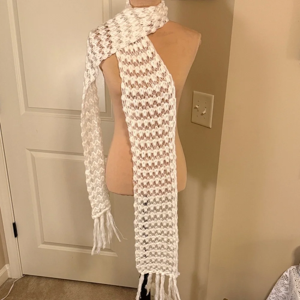 White Knit Scarf with Fringe